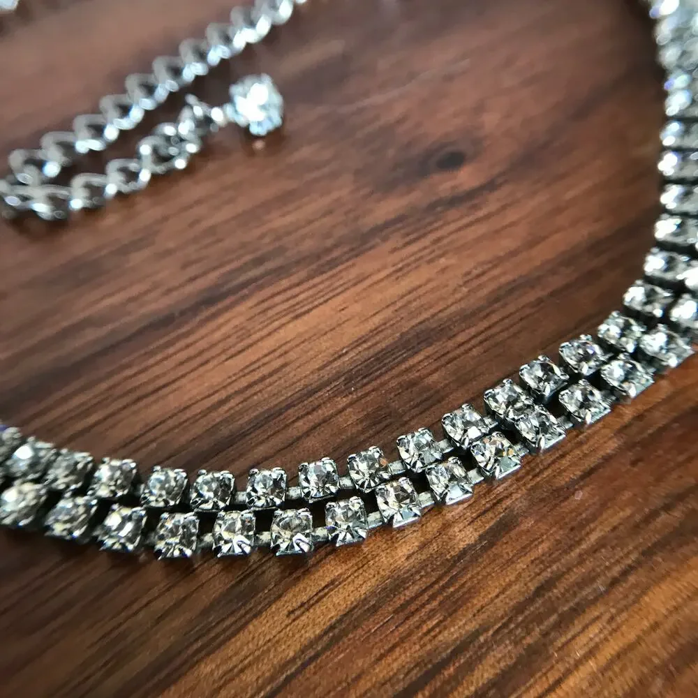 Sturdy double-strand rhinestone choker necklace (14.5